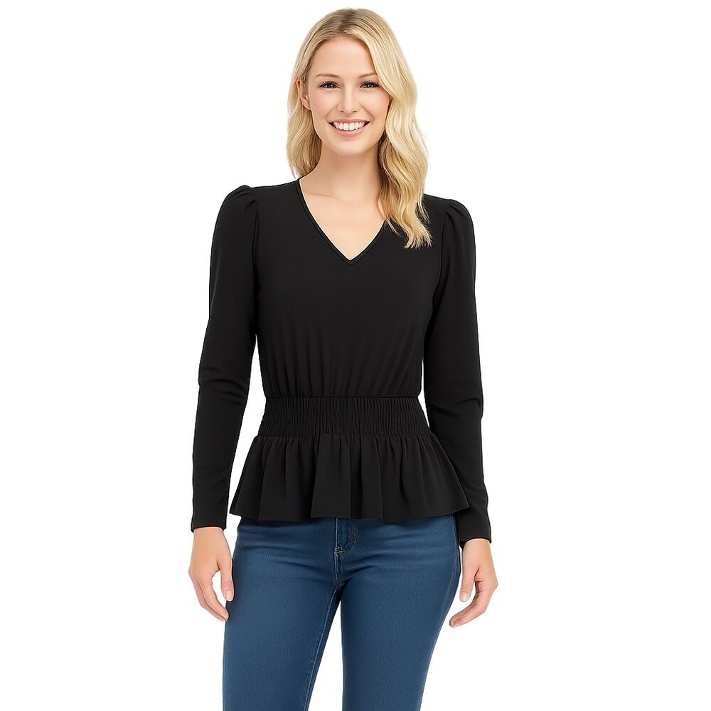 NWT White House Black Market Long Sleeve Smocked Peplum Top M #WHBM55